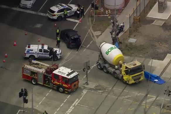 An aerial image of the scene of a fatal collision between a bike and truck in Footscray.
