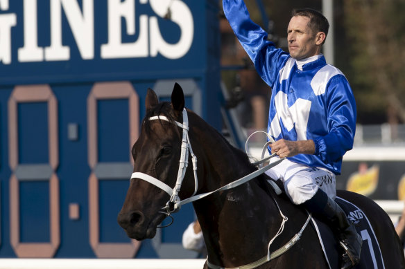 Final farewell: Winx and Hugh Bowman after wining the Queen Elizabeth Stakes in April.