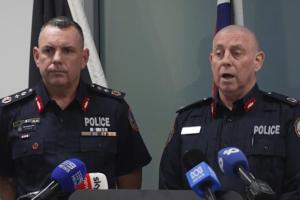 NT Police Commissioner Martin Cole and NT Police Assistant Commissioner Peter Malley addressing the media in Alice Springs on Wednesday.