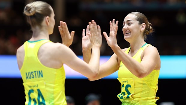 Kiera Austin and Sophie Garbin of Team Australia celebrate.
