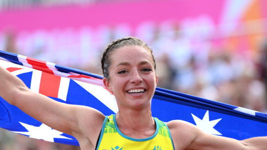Jemima Montag celebrates her 10,000 metre race walk victory in Birmingham.