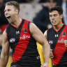 Jake Stringer celebrates one of his two goals in the Bombers’ clash against Sydney.