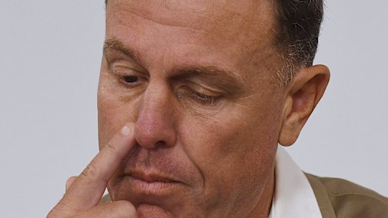 Former Matildas coach Alen Stajcic addresses reporters on Monday.