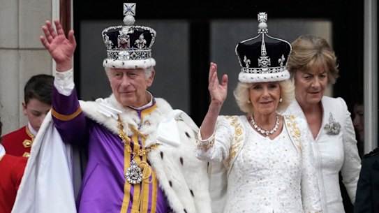 King Charles III and Queen Camilla on the Buckingham Palace balcony. 