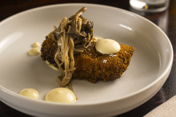 Fried lasagne topper with pickled mushrooms and yuzu mayo is another win for vegetarians.