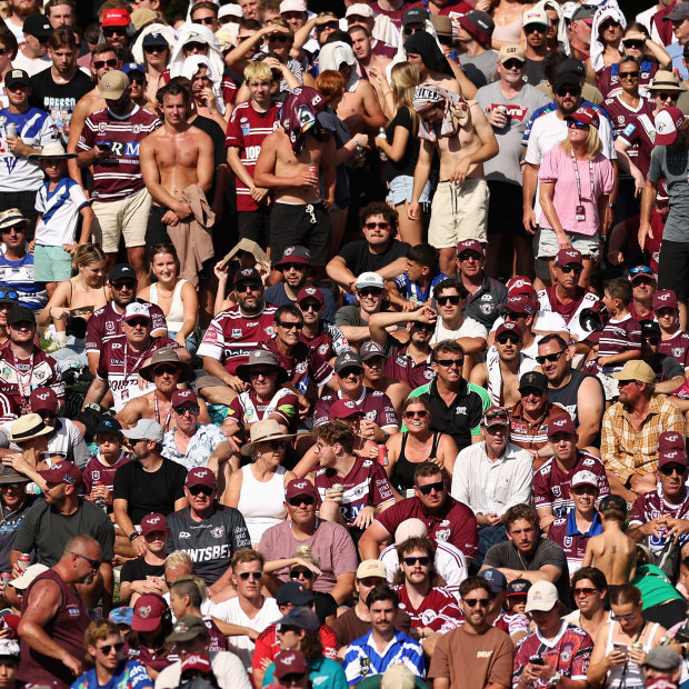 A sea of fans on the hill at 4 Pines Park, home to the Manly Warringah Sea Eagles.