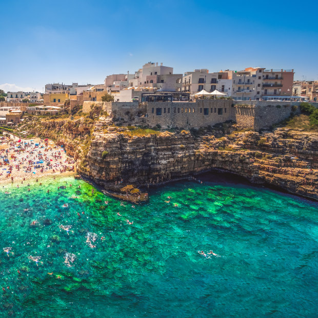 Polignano a Mare is renowned in Italy for Lama Monachile Cala Porto, a heart-shaped slither of sand formed between the sides of dual cliff faces.