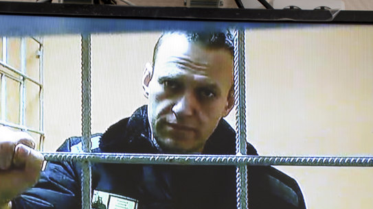 Russian opposition leader Alexei Navalny speaks from prison via a video link, during a court session in Petushki, Vladimir region, east of Moscow, Russia, in January. He sued the prison colony for classifying him as posing a potential extremist or terrorist threat. 