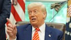 Britain’s ambassador Peter Mandelson laughs as President Donald Trump takes media questions on the US-UK trade deal.