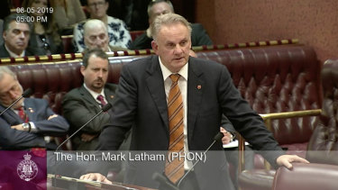 One Nation MP Mark Latham giving his maiden speech in the Legislative Council.