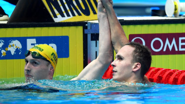 Australia's Matthew Wilson congratulates Anton Chupkov of Russia after the 200m breaststroke final at the FINA World Championships.