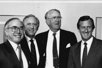 John Howard, Andrew Peacock, Malcolm Fraser and John Hewson. Liberal leaders gathered for picture prior to the dinner at the 41st Council at the Sheraton Hotel. October 24, 1990.