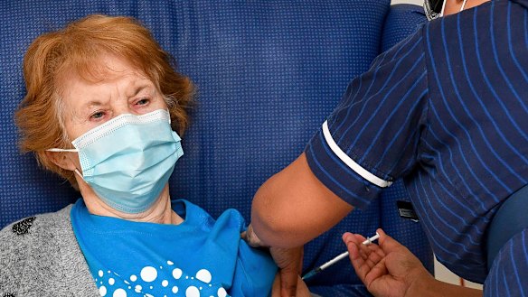 Margaret Keenan, the first patient in the UK to receive the British approved Pfizer-BioNTech COVID-19 vaccine.