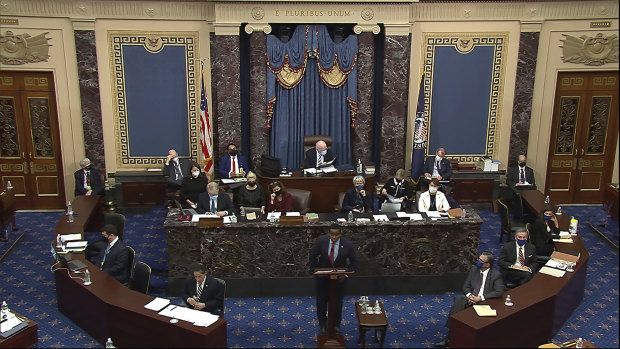 House impeachment manager Joe Neguse speaks during the second impeachment trial of former President Donald Trump in the US Senate. 