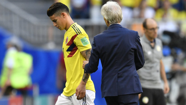 Gutted: James Rodriguez leaves the field. 