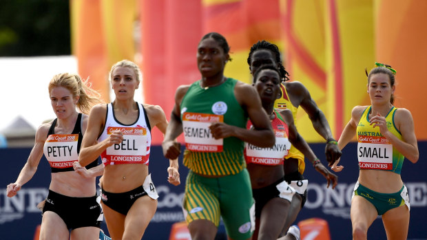 Australia's Keely Small (right) in the heats of the 800m with South Africa's Caster Semenya (centre).