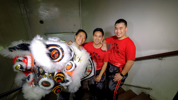 Emily Zee (left), Zhen Lim and Jordan Ta (right) will be performing in lion dances all around Melbourne this week. 