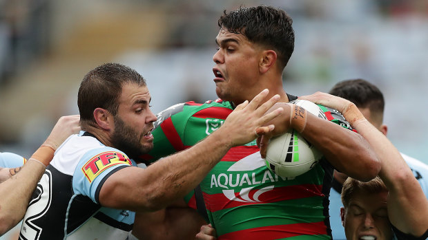 Latrell Mitchell during his 56 minutes for the Rabbitohs against the Sharks at ANZ Stadium.