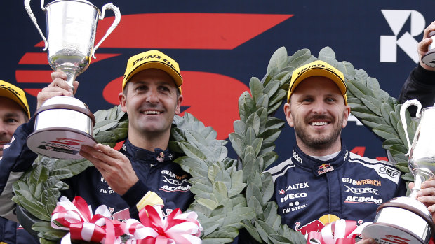 Revved-up: Jamie Whincup and Paul Dumbrell celebrate their Sandown 500 win.