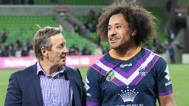 Extraordinary success: Craig Bellamy with Felise Kaufusi. The Storm coach deserves to be talked about in the same company as Jack Gibson.