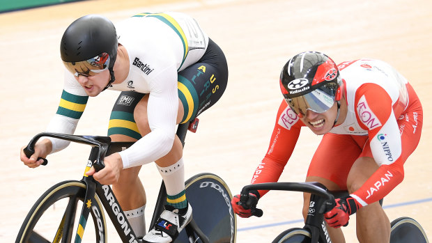 Australia's Matthew Glaetzer races Japan's Yuta Wakimoto during the men's sprint event at the UCI Track Cycling World Cup at the Anna Meares Velodrome in Brisbane.