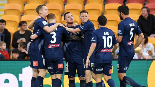 Quick start: Central Coast celebrate their opening goal of the season after just four minutes. 