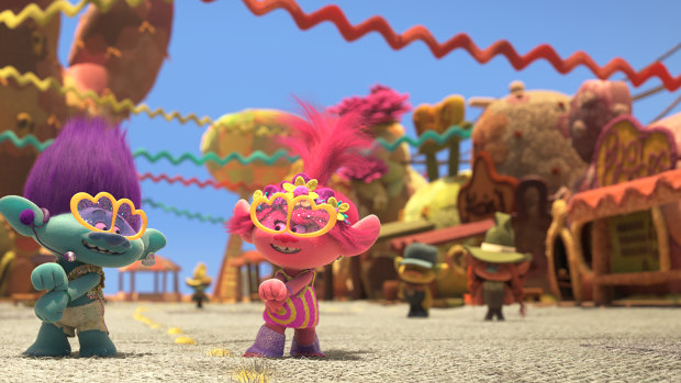 The colours in Trolls World Tour are eye-meltingly garish.