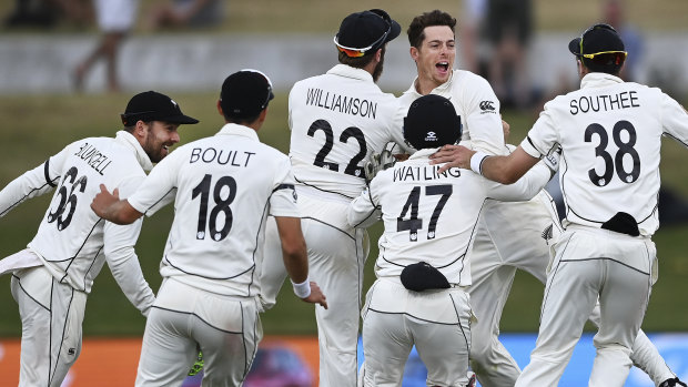 Mitchell Santner celebrates after taking the catch to dismiss Pakistan's Naseem Shah to defeat the visitors by 101 runs on the final day of the first cricket Test at Bay Oval, Mount Maunganui on December 30.