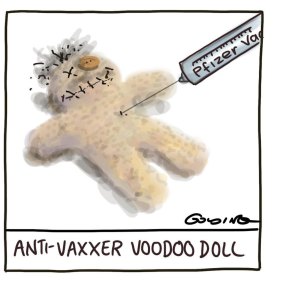 Matt Golding cartoon to be published on February 20, 2020. Anti-vaxxer voodoo doll
