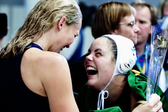 Gail Miller and Yvette Higgins celebrate Higgins' winning goal.