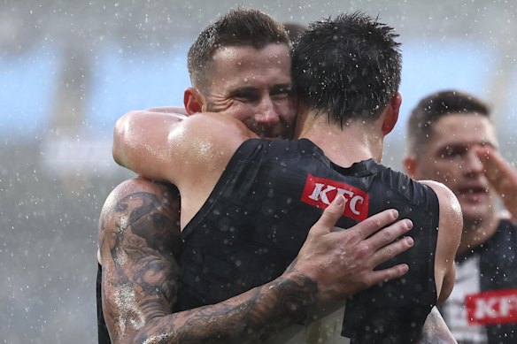 Jeremy Howe and Brayden Maynard embrace after an emotion-charged win.