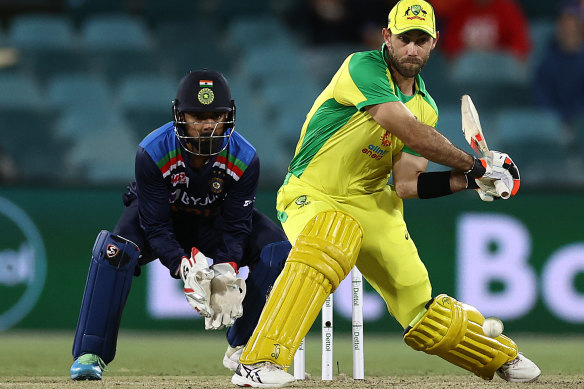 Glenn Maxwell in action during the third one-day international against India in Canberra in December.