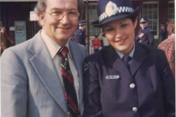 Tricia Hitchen pictured with her father, Michael Bourke, at her passing out parade in June 1980 at Redfern Police Academy.