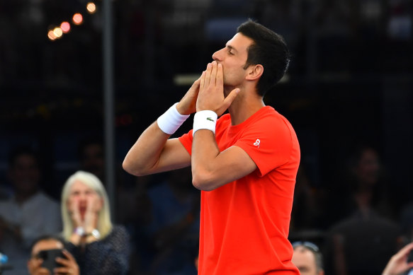 Novak Djokovic blows a kiss to fans in Adelaide on Friday night.