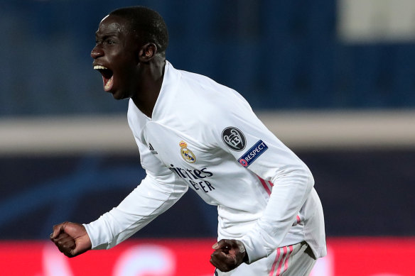 Ferland Mendy celebrates his late winner for Real Madrid.