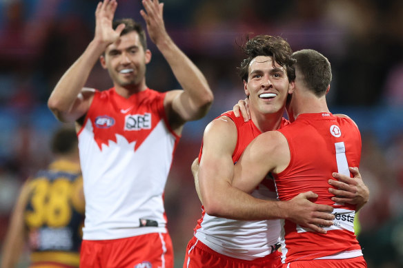 Swans player Errol Goulden celebrates scoring a goal.