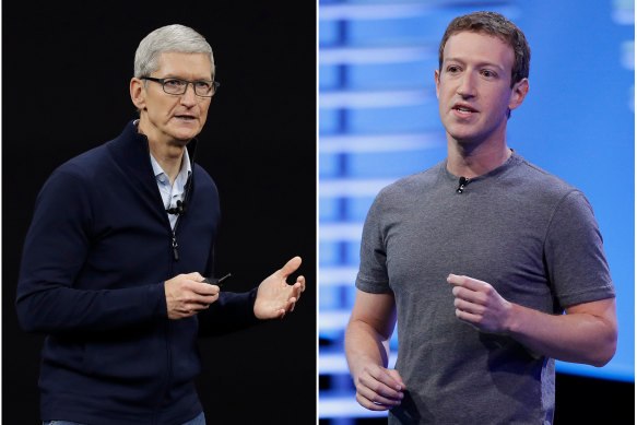 Apple CEO Tim Cook, left, and Facebook CEO Mark Zuckerberg.