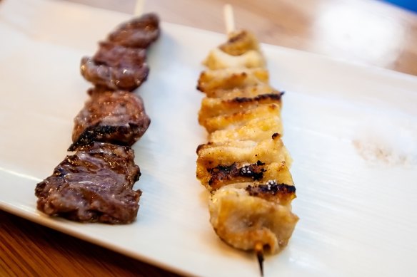 Chicken heart and chicken skin skewers.