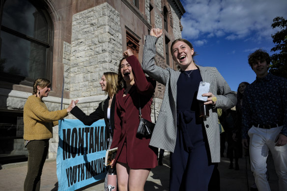 Youth plaintiffs in the climate change lawsuit, Held v Montana, arrive at the Lewis and Clark County Courthouse for the final day of the trial. 