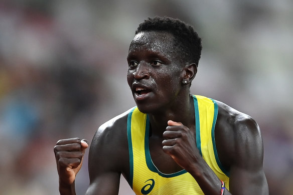 Peter Bol celebrates winning his semi-final.