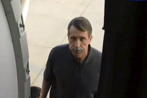 Viktor Bout in an image taken from video provided by Russian TV as he boards a plane after the prisoner swap.