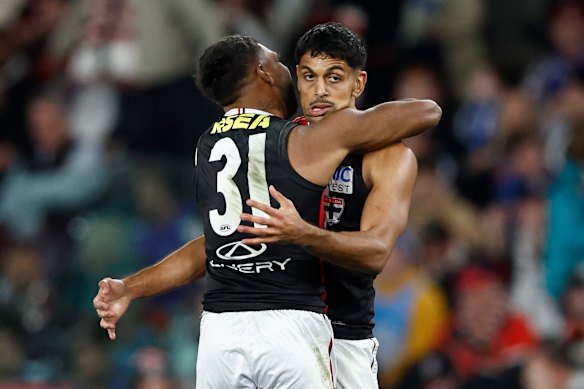 Nasiah Wanganeen-Milera, embraced by teammate Liam Ryan, was St Kilda's match winner.