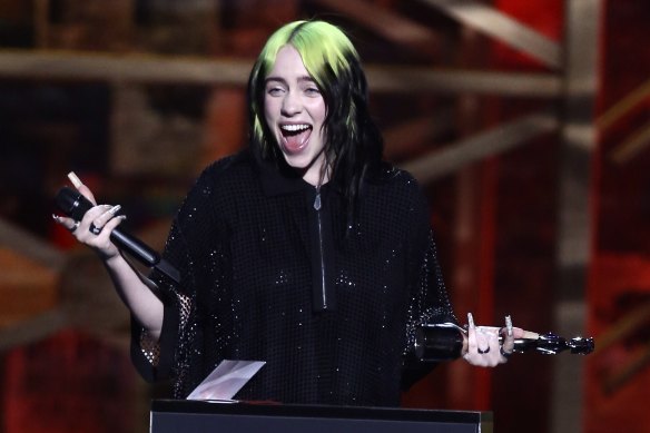 Billie Eilish accepts her award for international female solo artist at the Brit Awards 2020.