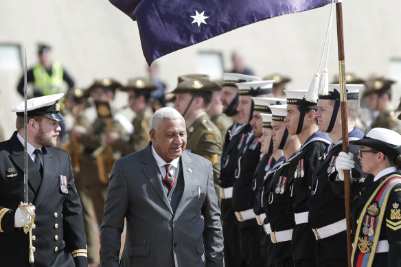 Frank Bainimarama visits Canberra in 2019.