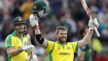 Happy returns: Australia's David Warner celebrates his ODI World Cup century against Pakistan.