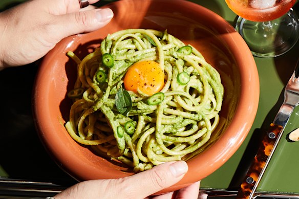 Bucatini with Thai basil and green chilli pesto speaks with an Australian accent.