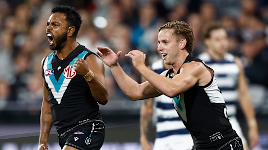Willie Rioli celebrates a goal against Geelong last season. 