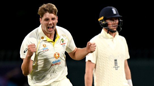 Cameron Green celebrates after bowling Dawid Malan on day three on Sunday.