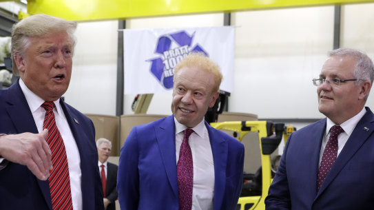 President Donald Trump speaks as Australian Prime Minister Scott Morrison, right, and Pratt Industries chairman Anthony Pratt watch during a tour of Pratt Industries, Sunday, Sept 22, 2019, in Wapakoneta, Ohio. (AP Photo/Evan Vucci)