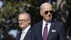 Anthony Albanese and Joe Biden during an arrival ceremony at the White House on Wednesday.